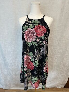 Coco & Main Boho Black Floral Halter Mini Dress with Pink & Green Blooms